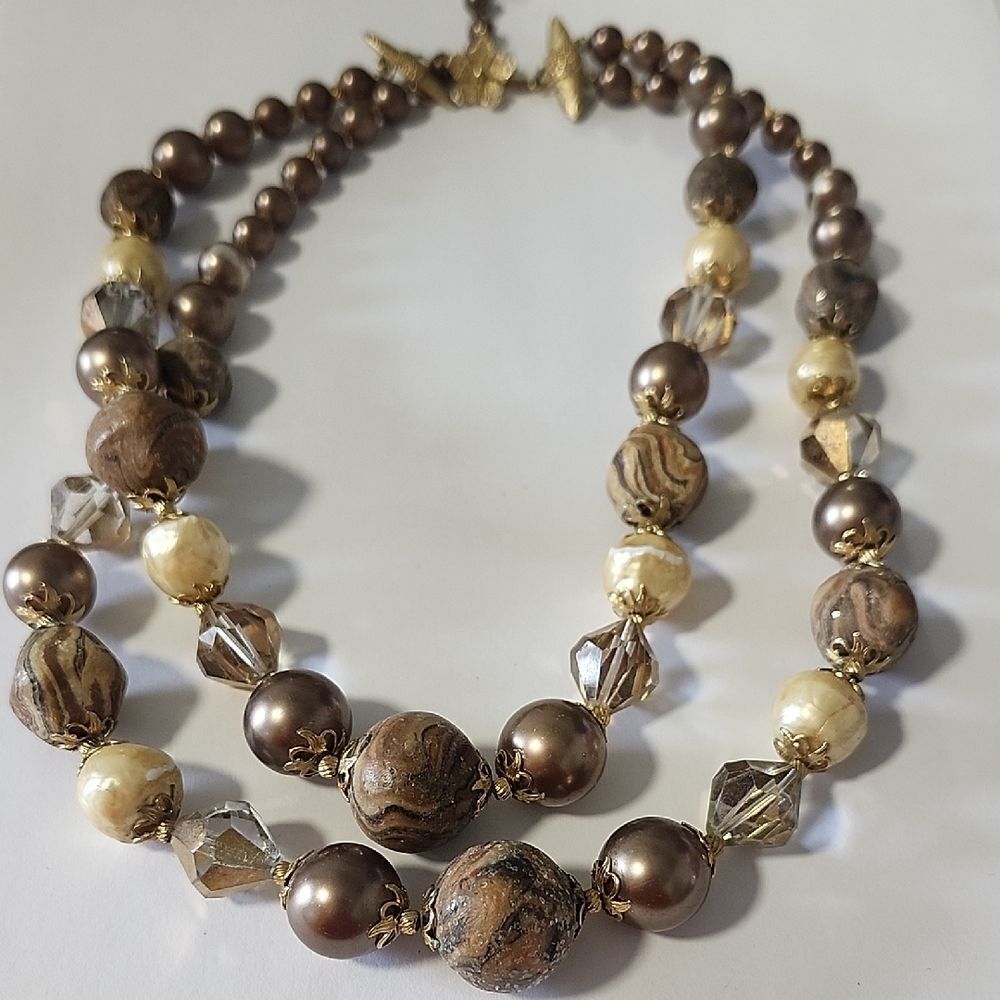 Vintage Vendome Double Strand Brown and Cream Beaded Necklace